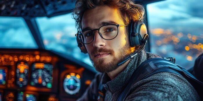 A pilot in an airplane cockpit with a headset looking towards the camera. photo