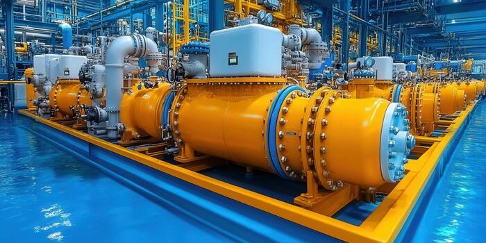 A view of industrial machinery in a factory, illustrating complex manufacturing processes. photo