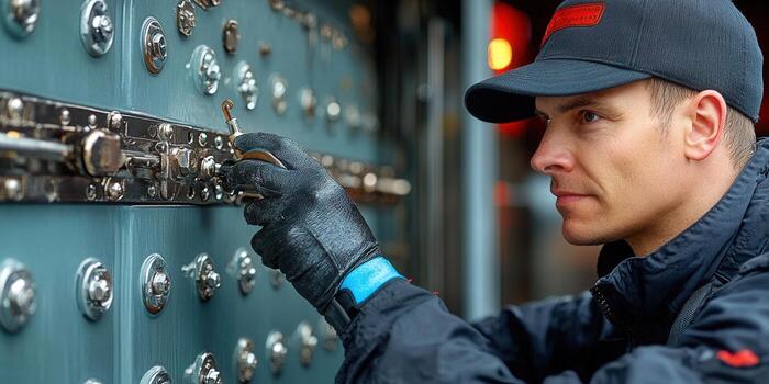 A man with a cap carefully turns a key to unlock a detailed mechanical lock. photo