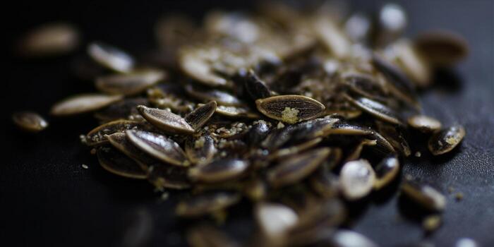Close-up view of scattered pumpkin seeds on a dark, textured surface. photo