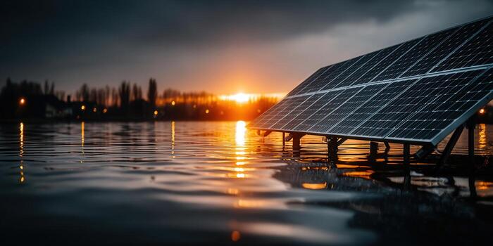 A striking image of a solar panel array at sunset, symbolizing clean energy and sustainability. photo