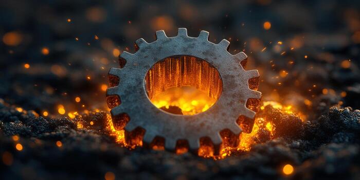 A metallic gear is shown with a fiery glow, creating a striking industrial scene. photo