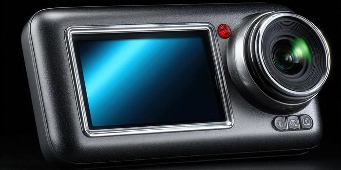 A detailed image of a digital camera, highlighting its features and design against a dark backdrop. photo