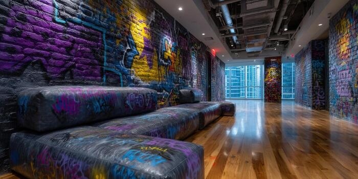 A stylish interior with a vibrant graffiti wall and matching couch, creating a unique, artistic space. photo