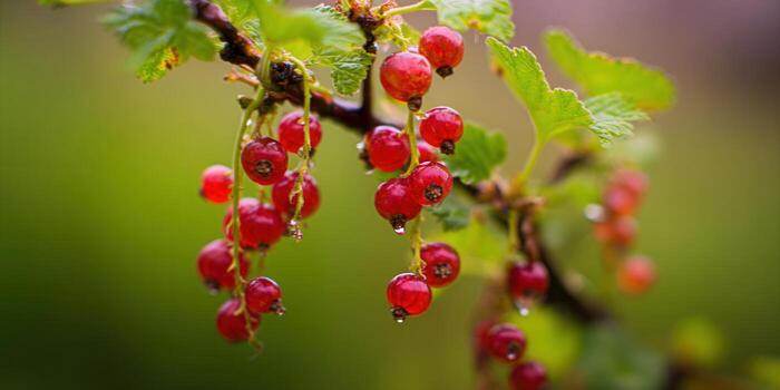 A stunning macro shot of ripe, red currants with water droplets. photo