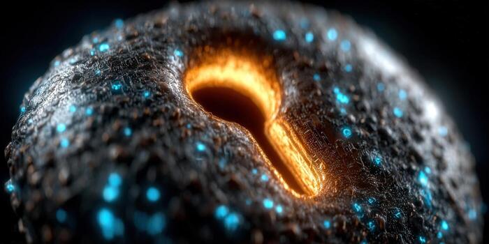 A futuristic keyhole glows with light, suggesting digital security and access to a portal. photo