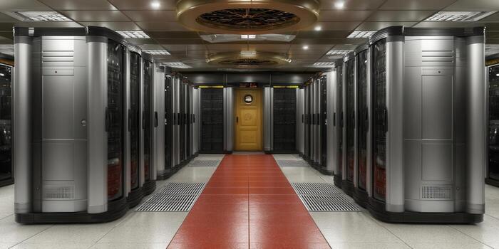 Inside a modern data center, showcasing advanced server infrastructure and computing power. photo