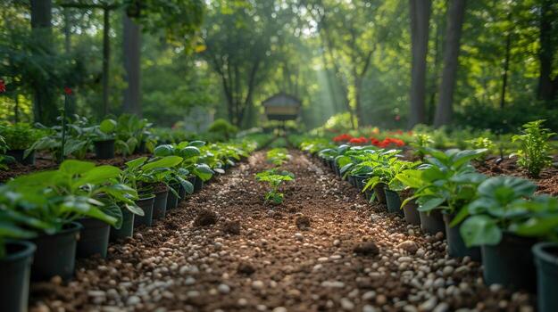 Rows of young, potted plants thrive in a sunlit garden, showcasing natural beauty and growth. photo