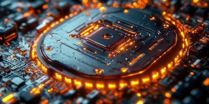Close-up of a glowing microchip showcasing intricate circuitry and digital technology. photo