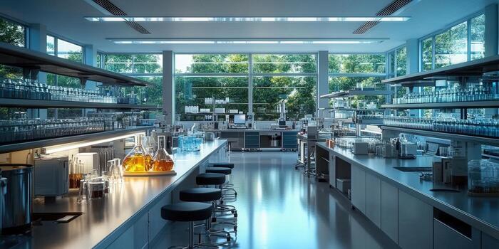 A bright, spacious laboratory is filled with scientific instruments and an abundance of glassware. photo