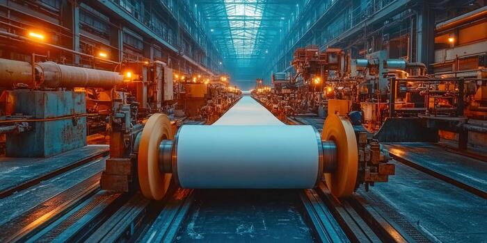 Inside a paper factory, a large roll of paper moves along a production line. photo