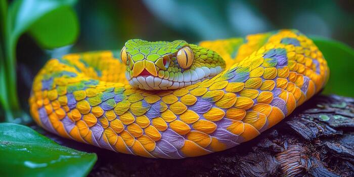 A stunning, brightly colored snake rests peacefully on a textured tree branch photo
