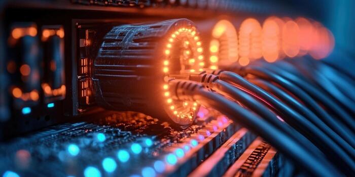 A close up of server cables connected to a network hub, with orange and blue lighting. photo