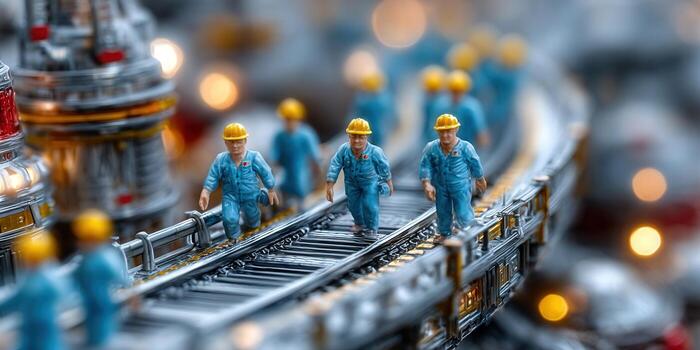 Miniature construction workers walking on a track, captured in a detailed macro shot photo