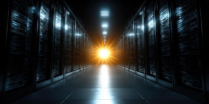 Inside a data center hallway with rows of servers and bright light. photo