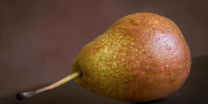 A close-up view of a ripe, textured pear with its stem, ready to eat. photo