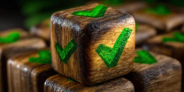Wooden dice with green checkmarks symbolize positive choices and decisions. photo