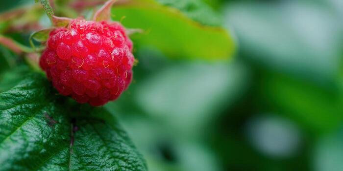 A single, perfect red raspberry, captured in a vibrant, detailed close-up shot. photo