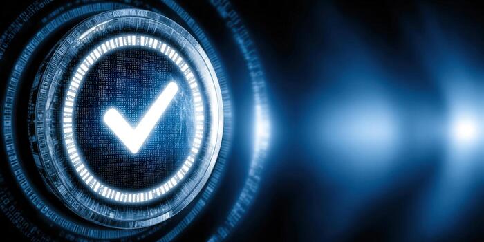 A digital checkmark glows in a futuristic, blue environment, symbolizing approval and verification. photo