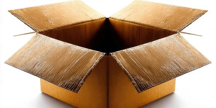 An open cardboard box ready for items, viewed from an eye-level perspective, on a clean white background. photo