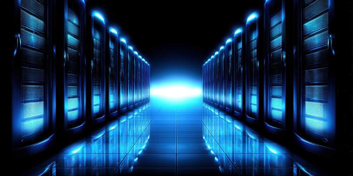 brillante azul servidores línea un oscuro habitación, exhibiendo moderno datos centrar tecnología y nube informática. foto