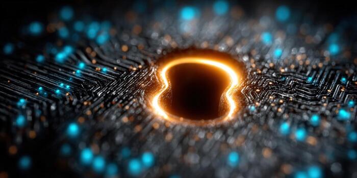 Intricate glowing circuit board design, symbolizing digital security and the flow of data. photo