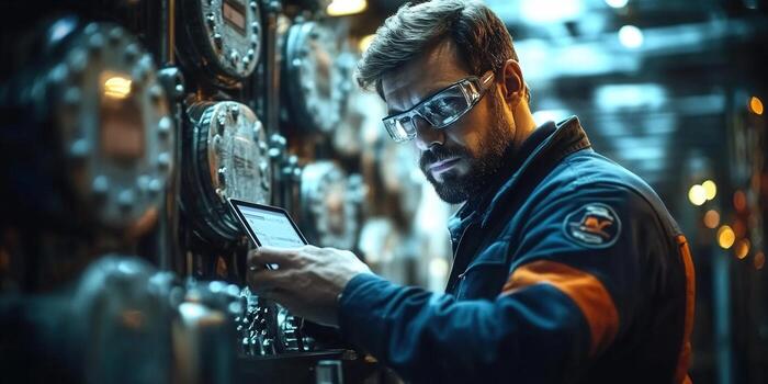 A focused engineer inspects equipment with a tablet in an industrial setting, ensuring optimal performance. photo