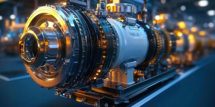 Intricate metallic machine, showcasing advanced technology and industrial design. photo