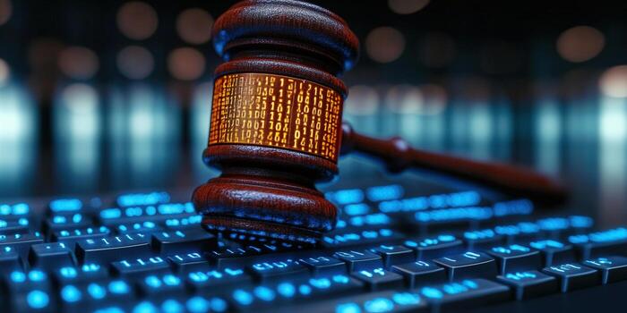 Gavel with binary code on keyboard representing cyber law and digital justice. photo