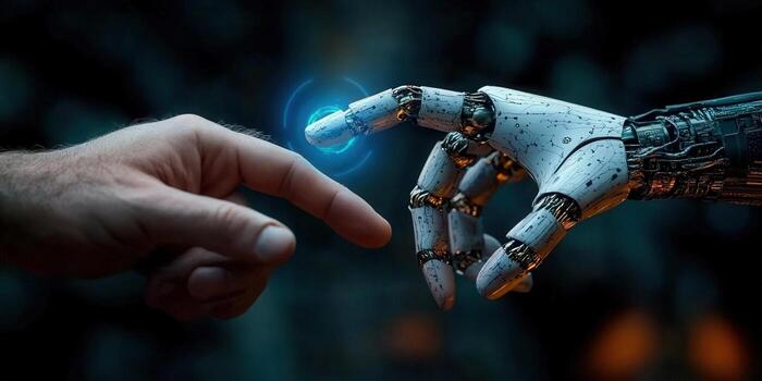 A human hand reaching out to a robotic hand, representing technological connection. photo