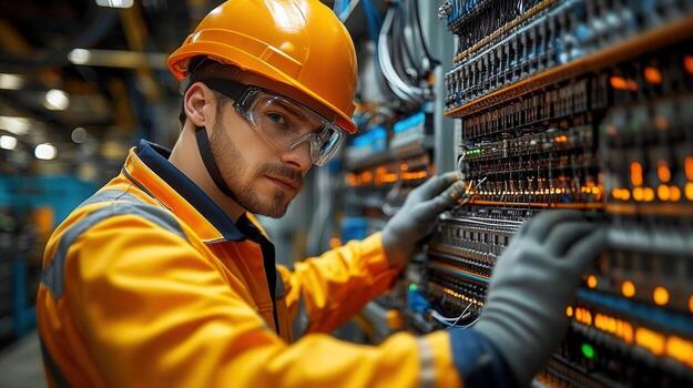 An electrician wearing safety gear works on a control panel in a factory setting. photo