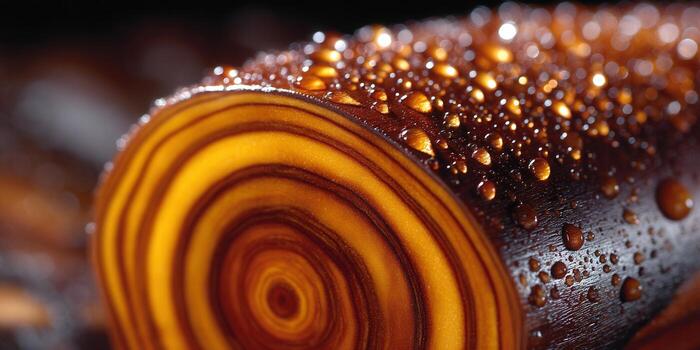 Intricate wood texture with spiral pattern and water droplets. photo