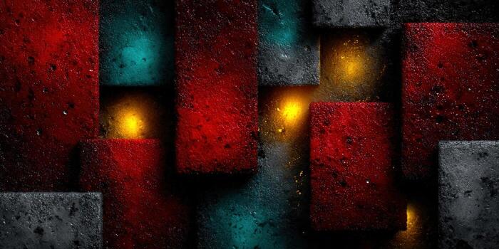 An abstract art piece with textured blocks in vibrant red, teal, and grey colors. photo