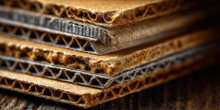 A detailed view of stacked cardboard, revealing its corrugated structure and texture. photo