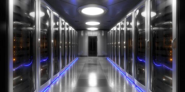 Inside a modern server room, showcasing rows of powerful computer servers. photo