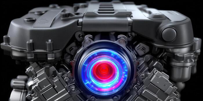 Intricate view of a futuristic engine, highlighting its mechanical components and innovative design. photo