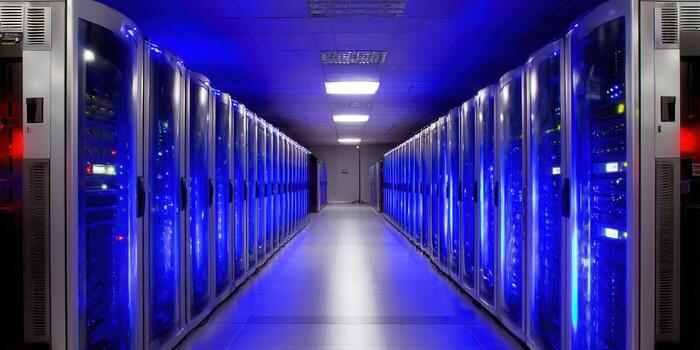 Blue-lit server room featuring rows of data servers for high-tech operations. photo