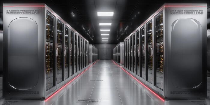 Inside a state-of-the-art data center, servers stand in neat rows, symbolizing digital infrastructure. photo