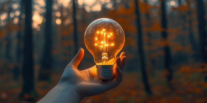 A hand gently cradles a shining lightbulb in a serene forest setting, highlighting ideas. photo