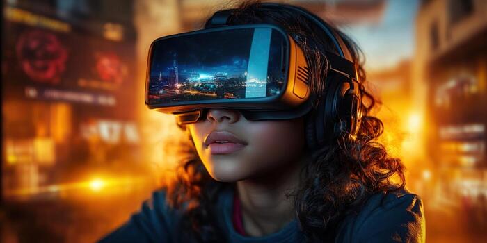 A girl in VR, exploring a futuristic digital cityscape with a virtual headset. photo