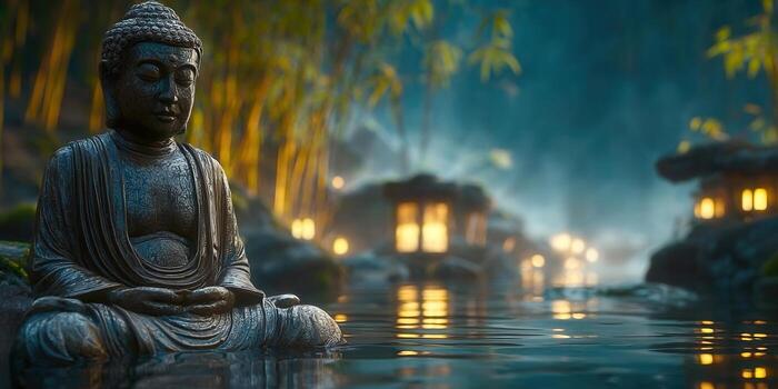 A peaceful Buddha statue in a tranquil pond setting, perfect for meditation. photo