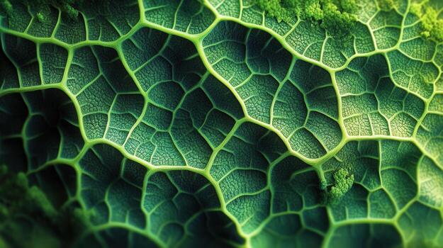 A vibrant close-up of a green leaf, revealing intricate patterns and details in nature. photo