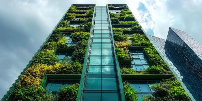 The modern building showcases a green facade, embodying sustainable architecture and urban design. photo