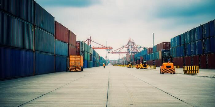 Shipping containers stacked high in a busy port with cranes and forklifts ready for transport. photo