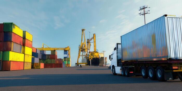Semi-truck loaded with a shipping container drives through a busy port. photo