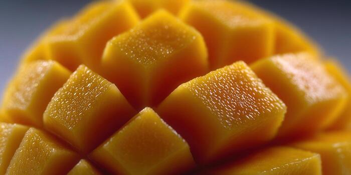 A close-up of a juicy, ripe mango cut into a beautiful cube pattern. photo