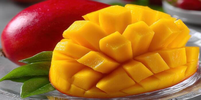 A vibrant mango, with a portion cut into neat cubes, ready to enjoy. photo