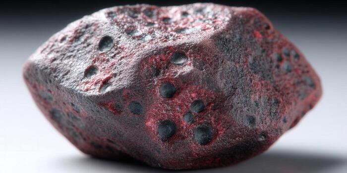 A detailed close-up showcases a unique rock with vibrant red and black hues, captivating textures. photo