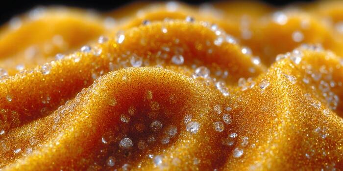 Golden shimmering texture with water droplets, showcasing luxury and elegance in a macro shot. photo