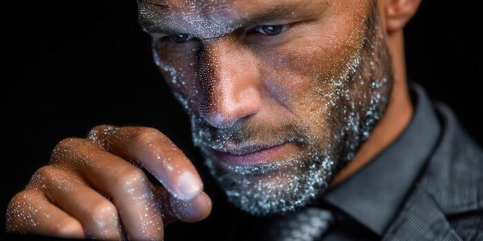 A thoughtful man with glitter on his face and hand, captured in a striking portrait. photo
